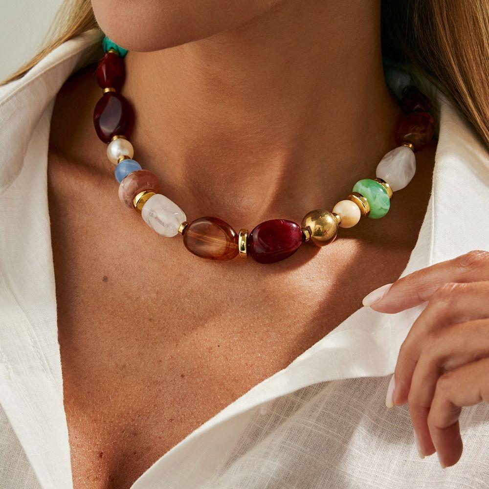 Stone Beads Short Choker Vintage Clavicle Chain Retro Colorful Resin Necklace  Women