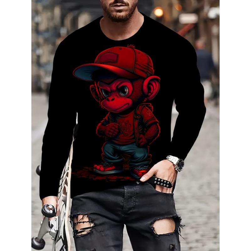 Men's Monkey Print Full-Length Long Sleeve T-Shirt - Soft Breathable Casual Round Neck Top with Monkey Face