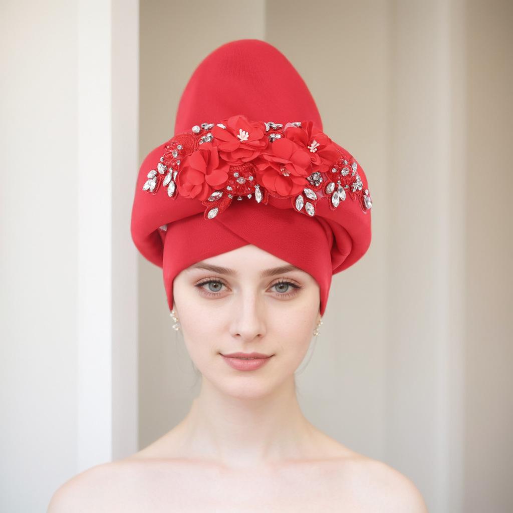 Ready To Ship 2025 Latest Ladies Flower Embroidery African Hats Fashion Ethnic Style Stretch Turban Headbands for Women