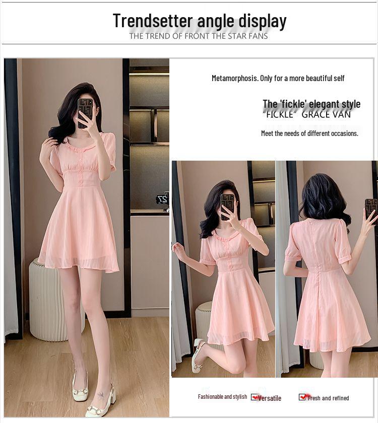 Elegant High-Waisted Pink Chiffon Summer Dress - Youthful and Slimming