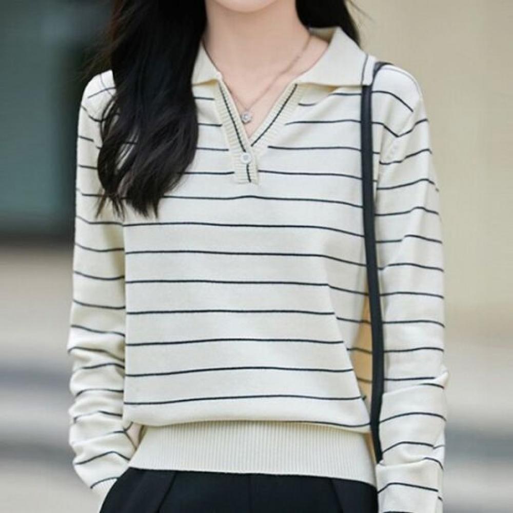 Navava Women Casual STriped Collar Long Sleeve KniT T shirT Nk3600