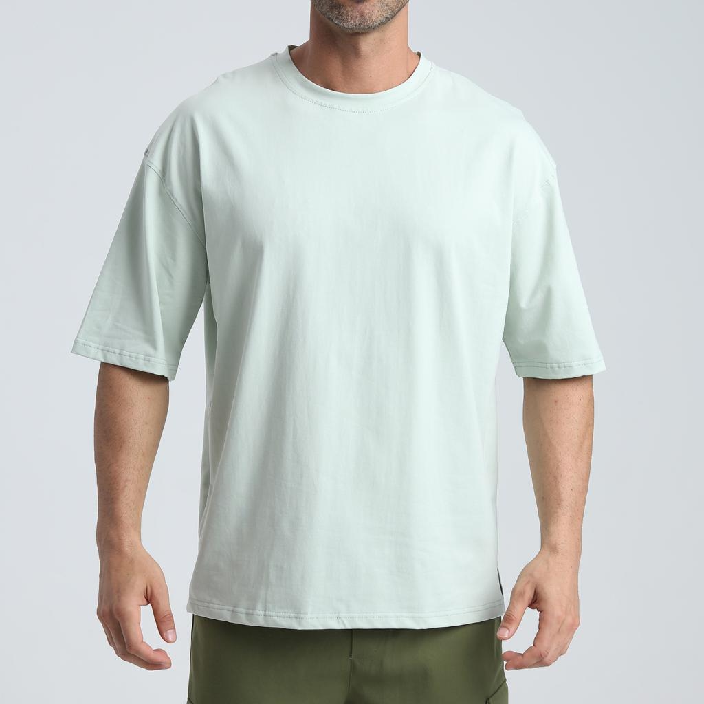 Summer Loose Sports T-shirt for Men Solid Color Cotton Round Neck Short Sleeve Hem Slit White T-shirt