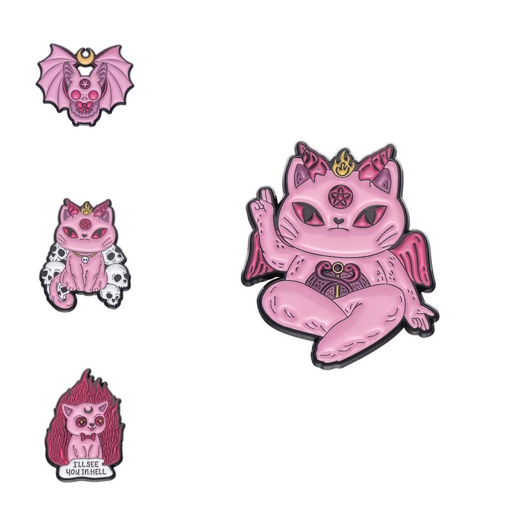 Adorable Cartoon Style Halloween Brooch With Pink Skull Bat And Cat For Festive Decoration