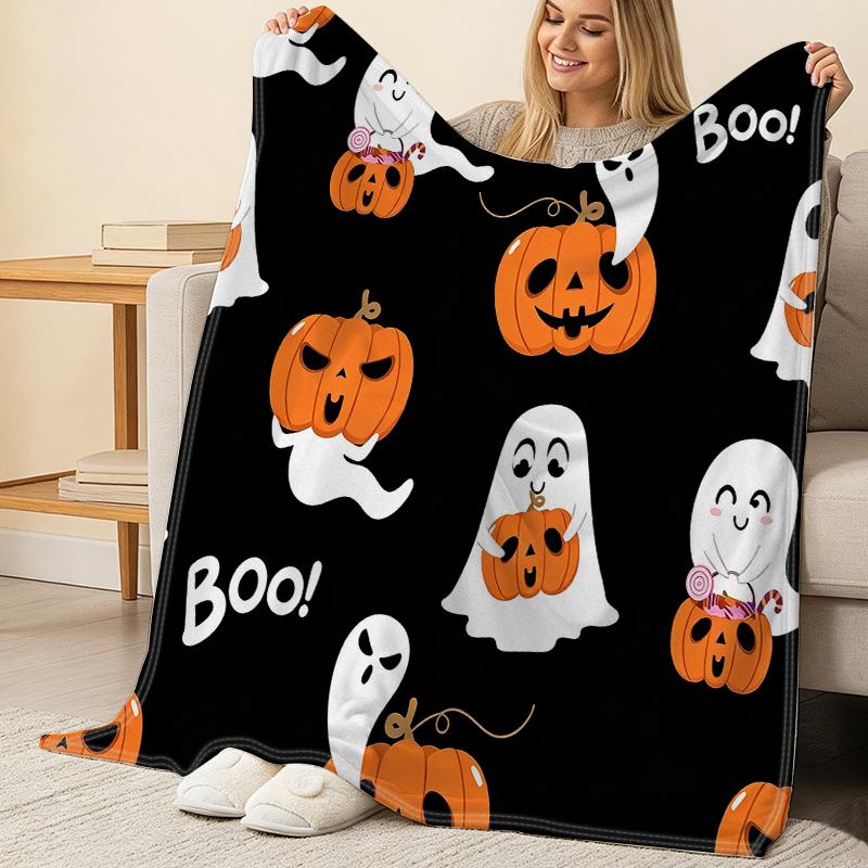 Soft No-Pill Flannel Fleece Blanket | Halloween Pumpkin Ghost Print Warm Cozy All Seasons Home Throw for Postpartum, Holiday Decoration