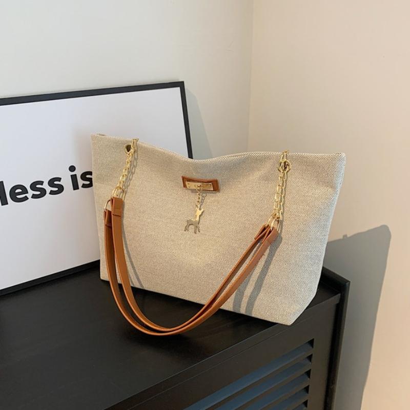 Large Capacity Canvas Shoulder Bag with Leather Strap, Casual Versatile Tote Bag with Deer Charm Crossbody Bag for Women Commute