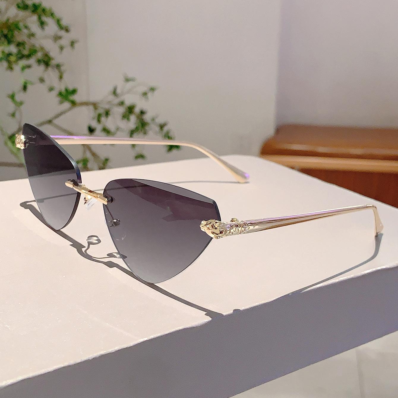 

Y2K Popular Retro Rimless Triangle Cat Eye Sunglasses Women For Men Luxury Brand Designer Sun Glasses Punk Leopard Head Shades