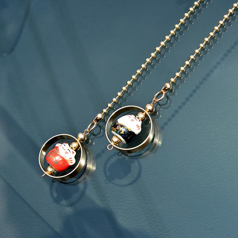 Car Pendant Lucky Cat Car Rearview Mirror Decoration Ceramics Alloy Hanging Ornaments Gift Auto Mirror Accessories for Girls