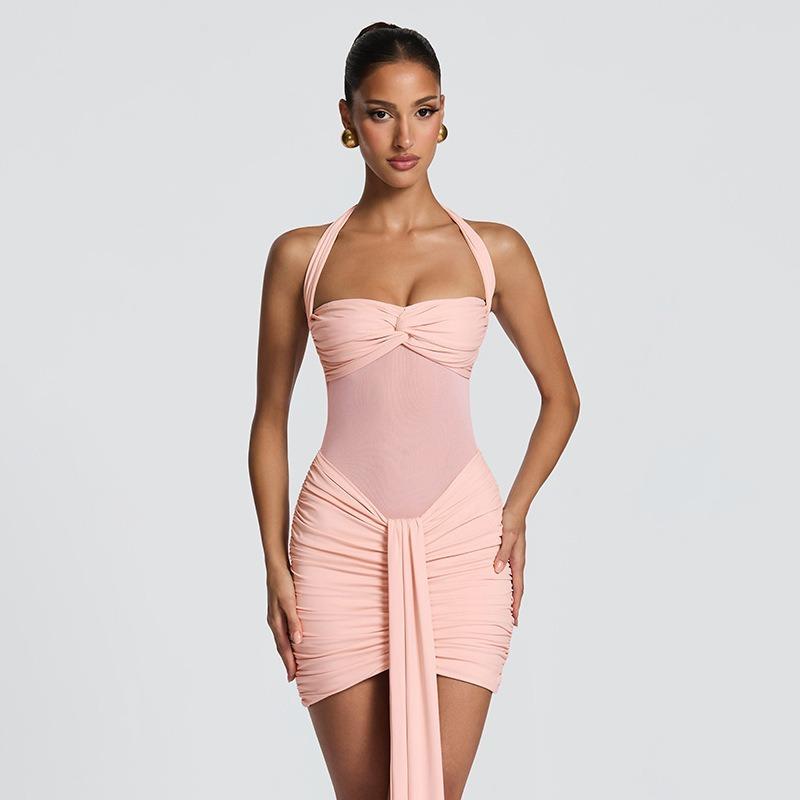 Women Casual Solid Color Mesh Patchwork Twisted Halter Short Bodycon Dress