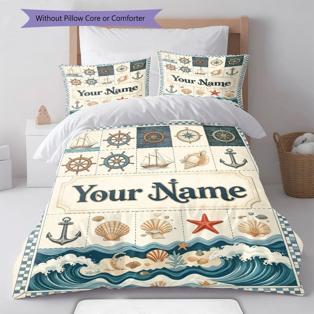 Custom Name,Nautical Ocean Pattern Bedding Home Decoration Birthday Gift ( 1 Duvet Cover + 2 Pillowcase, Without Core),fan Merchandise.