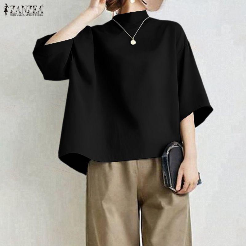 ZANZEA Damen Lässig Stehkragen 3/4-Ärmel Weite Bluse