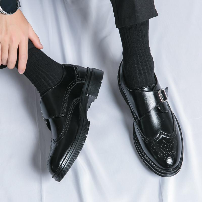 Fashionable Block Leather Shoes Spring/Summer Men Business Dress Buckle Thick Sole Increase Comfortable Round Head Leather Shoes