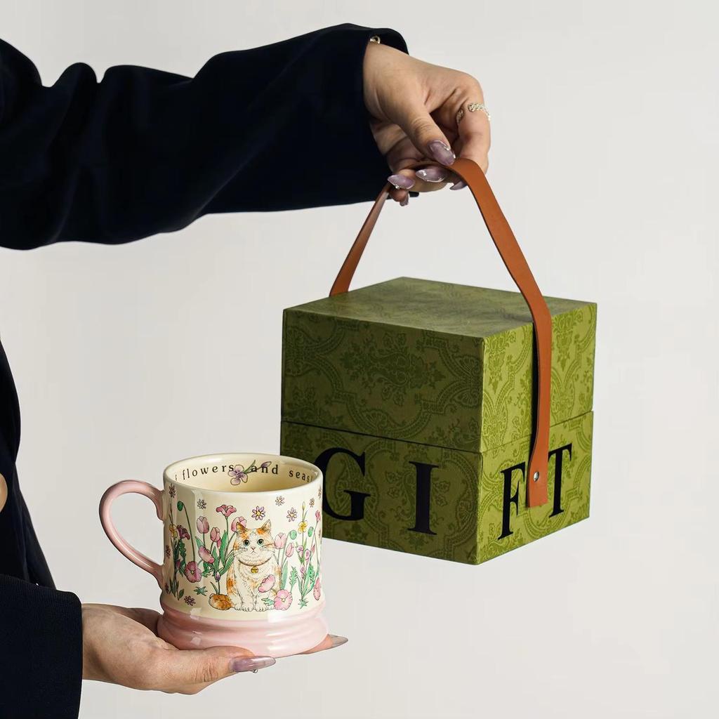 Cute Cat Ceramic Mug Amidst Flowers, Design Inspired Office Coffee Mugs, High-value Couple Tea Cup, Holiday Gift Kawaii Cup