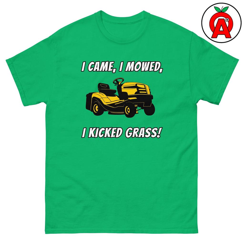 I Came I Mowed I Kicked Grass T-Shirt, Lawn Graphic Shirt Grass Unisex Tshirt Mowing Classic Fit Tee Yard Short Sleeve Top Work Crew Neck Co