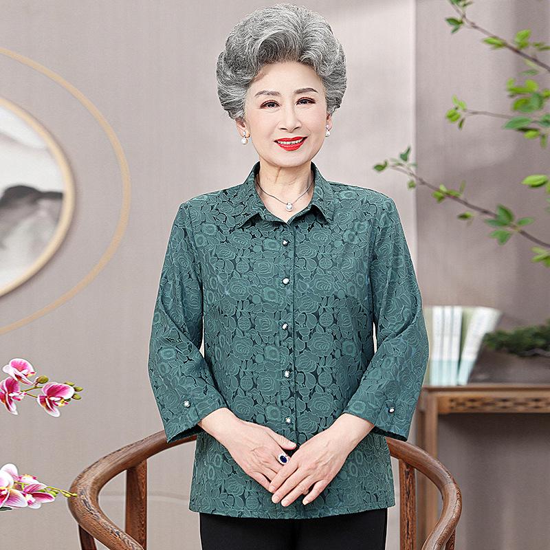 

Summer Clothing for Elderly Women: Grandma s Silk Shirt, Mother-in-law’s Wedding Outfit, Short-sleeved Top, Mom’s Birthday Year Shirt XL (100-110 lbs) зелений