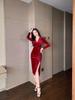2025 Spring/Autumn Women's Fashion Velvet Midi Dress - Long Sleeve Slim-Fit with Cinched Waist and Slit Skirt