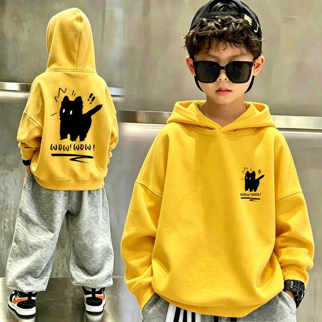 Cute Cartoon Wow Black Cat Front & Back Graphic Kids Hoodie Loose Oversized Pullover Boys Girls Streetwear Sweatshirt