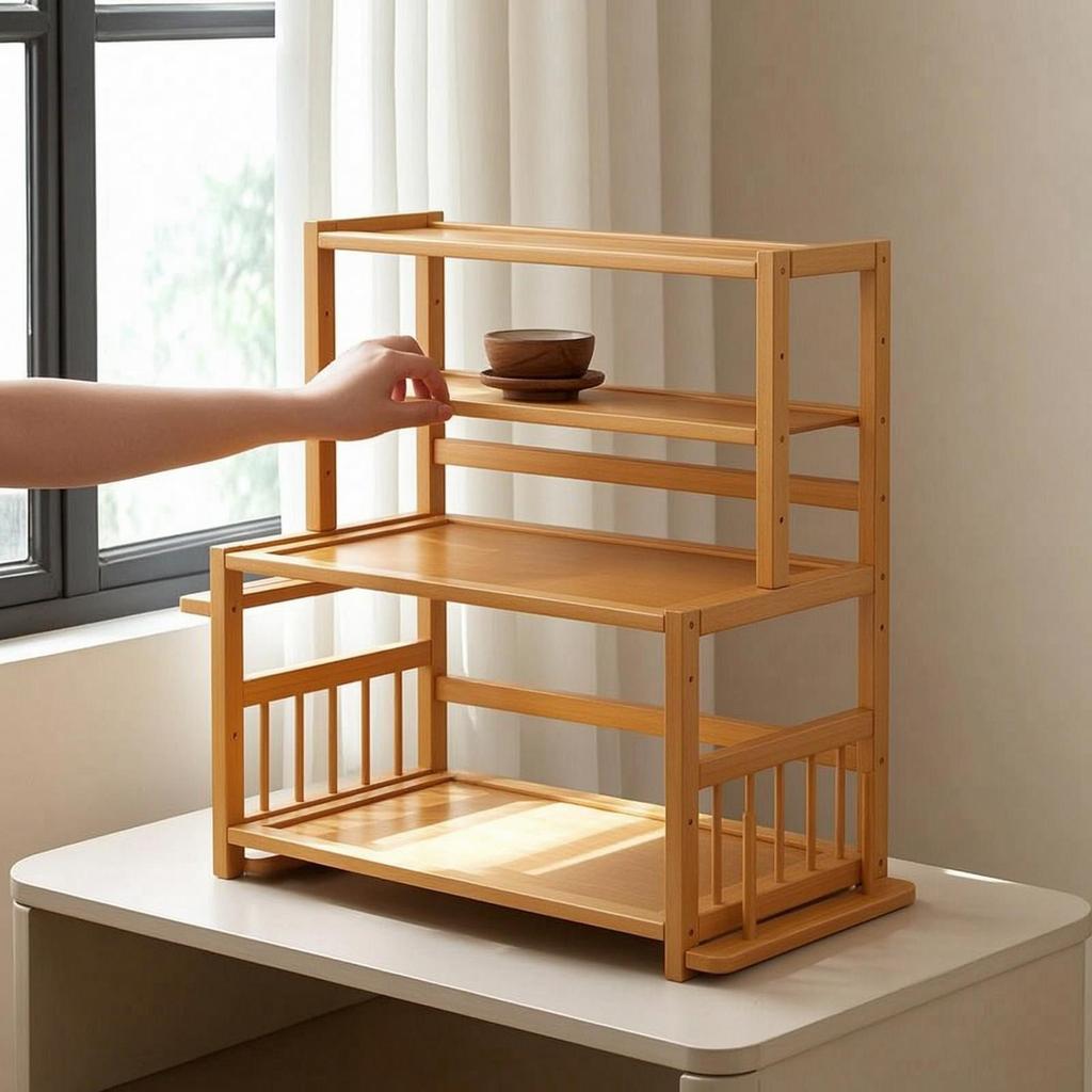 Countertop Shelf Organizer Space-Saving Kitchen Rack Tiered Wooden