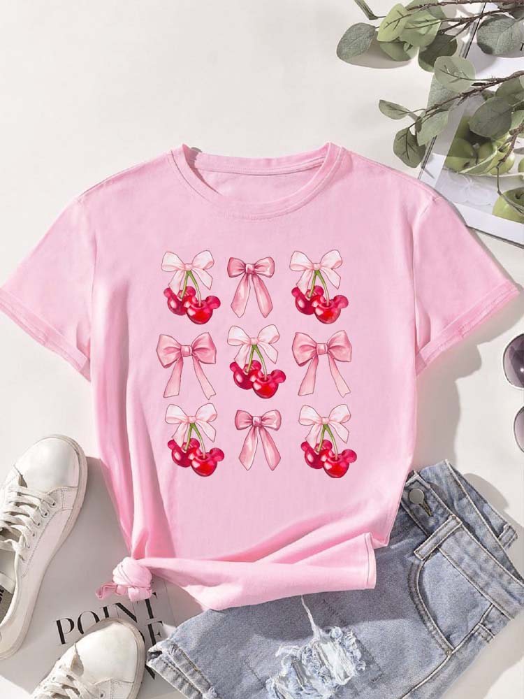 Ovely Style Fashion Summer Women Cherry Bow Print T Shirt Female Casual Top Tshirts Cartoon Graphic Tee T-Shirt