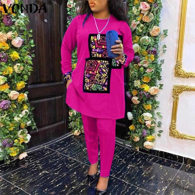 VONDA Zweiteiliges Set für Damen, großes Rundhalsausschnitt, lange Ärmel, bedrucktes Oberteil, einfarbig, lockere Hosen