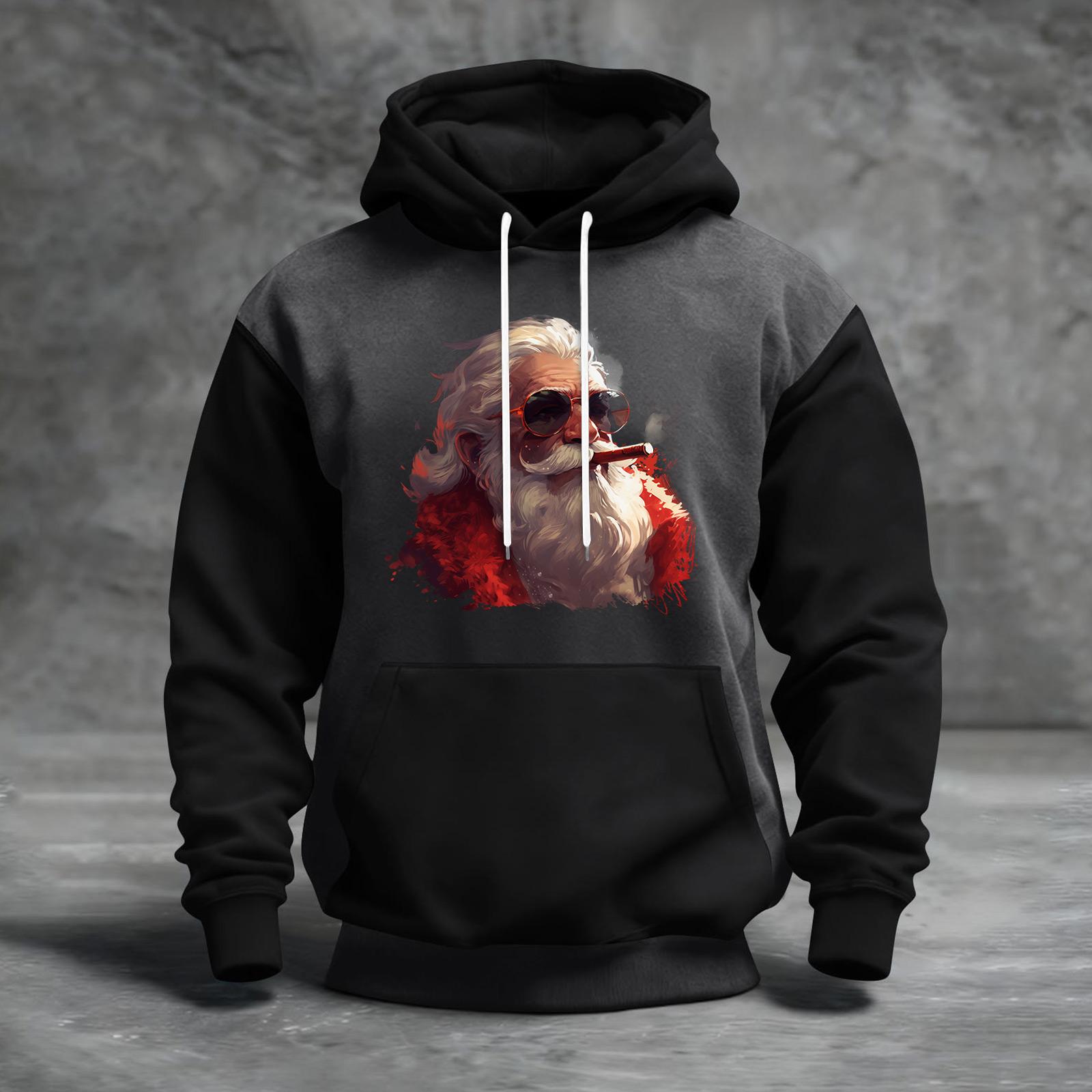 

Мужской рождественский свитшот с капюшоном, повседневный, спортивный, удобный, с цветными блоками и принтом L чёрный