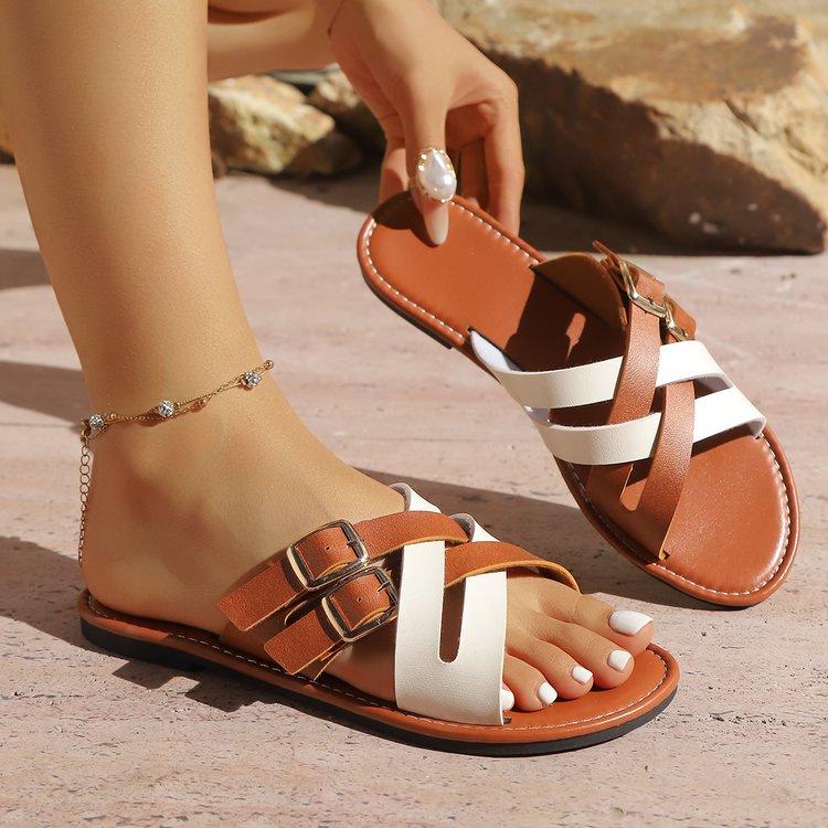 2025 Summer Women's Wedge Flip Flops: Cross Strap, Leather Buckle, Thick Sole, Color Block Sandals, Large Size