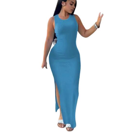 Sommerkleid für Damen, ärmellos, geteilter Saum, einfarbig, O-Ausschnitt, elastischer Etui, hohe Taille, knöchellang, schmal, einfarbig, Party-Club-Maxikleid