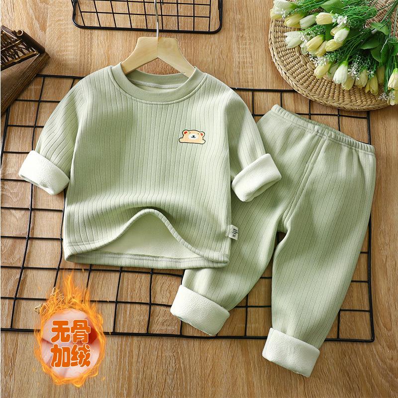 Children's Warmth Set with Thick Velvet for Autumn and Winter, New Baby Underwear, Mid Autumn Clothes, Autumn Pants, Children's Set