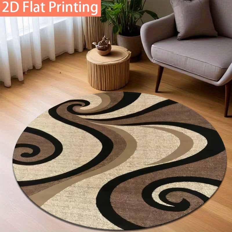 Modern Abstract Swirl Spiral Round Rug, Brown Beige Black Curved Wave Textured Print Floor Mat for Sofa Coffee Table Living Room