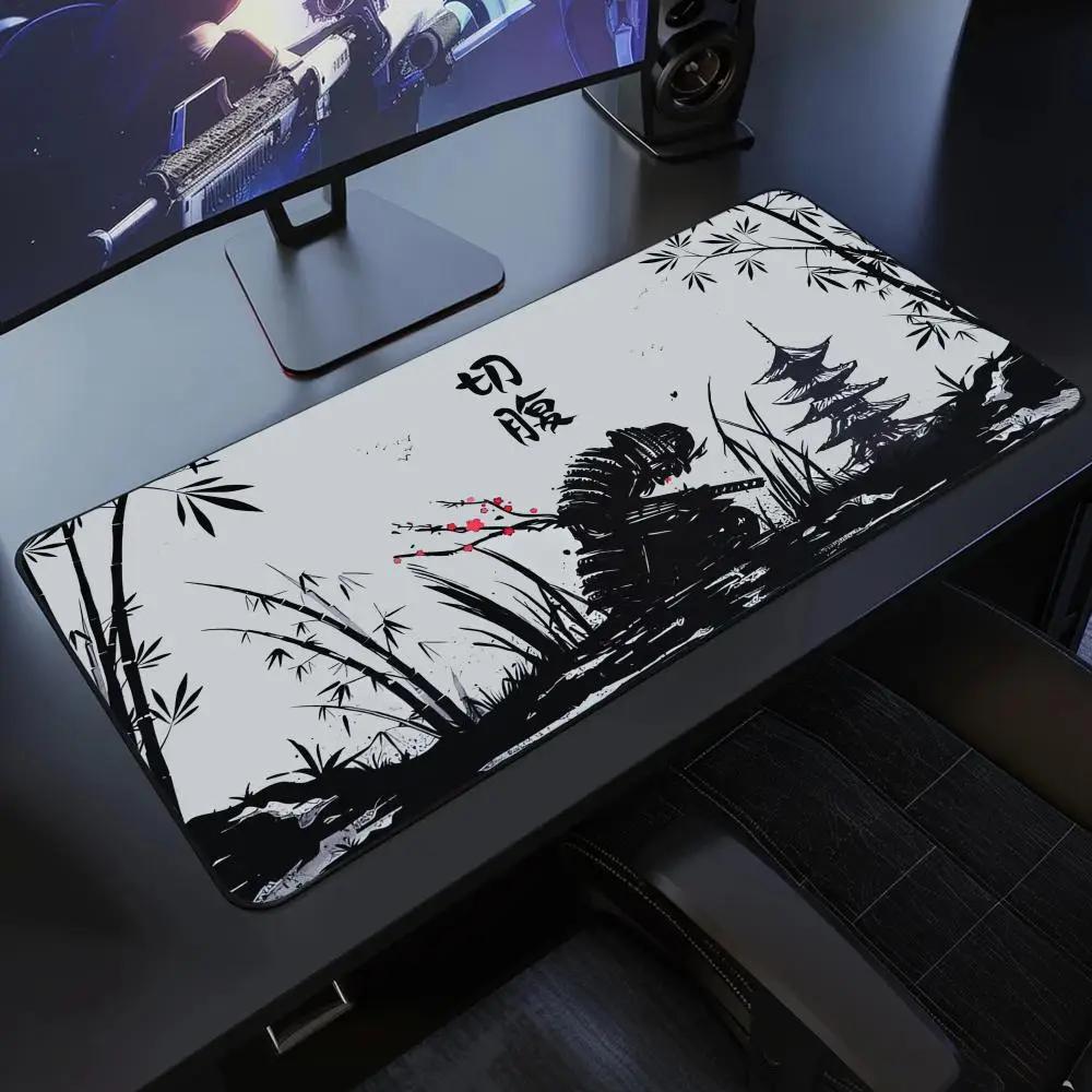 Japanese Samurai Desk Mat Xxl Black And White Gaming Keyboard Mat Large Oni Samurai Extended Deskpad Ghost Of Tsushima Mousepad