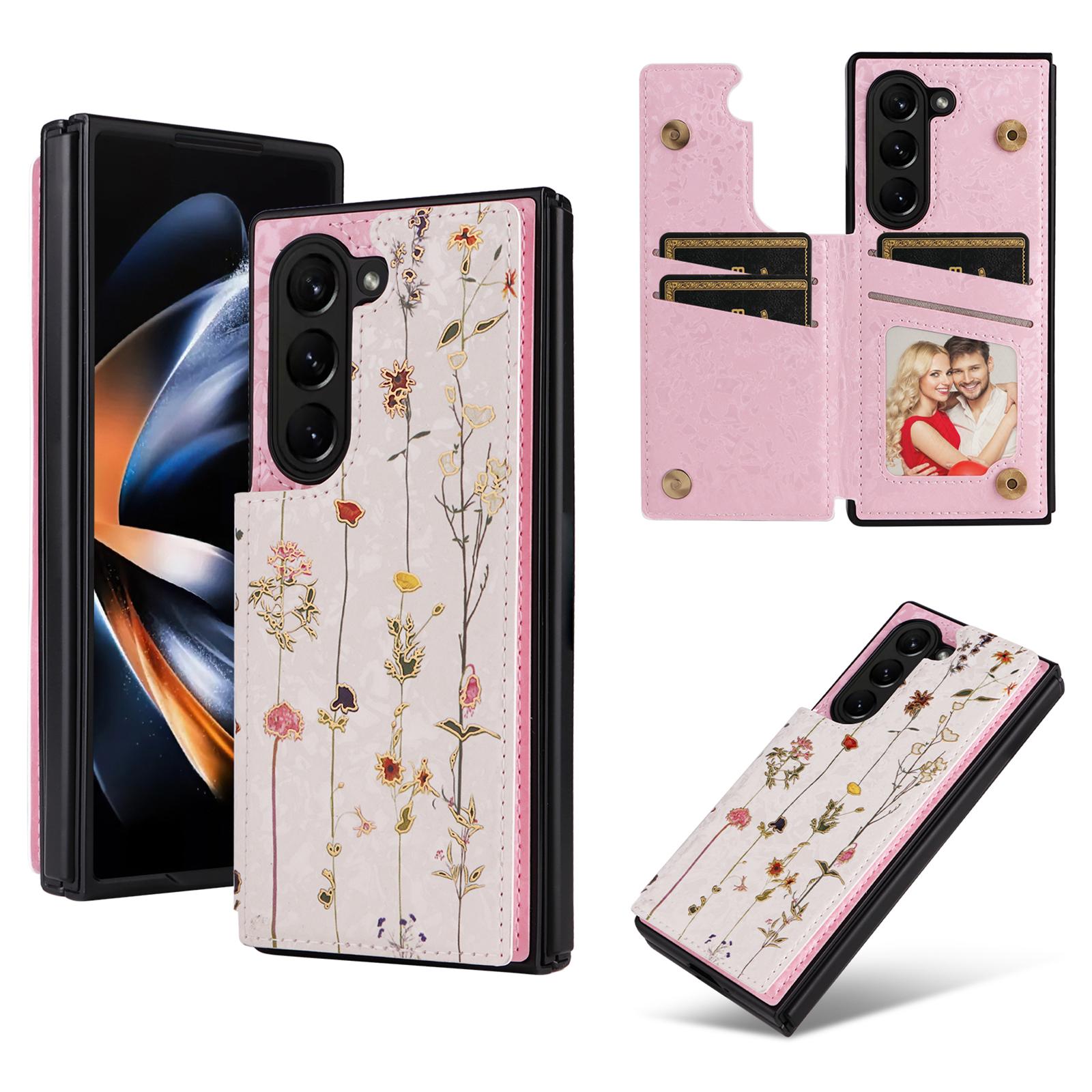 

For Samsung Galaxy Z Fold5 5G Case Flower Leather+PC RFID Blocking Phone Cover Card Slots D
