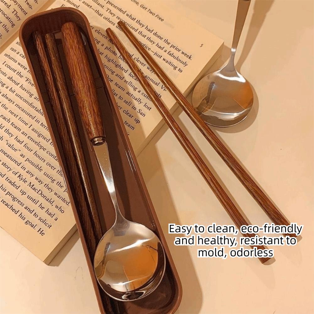 4Pcs Stainless Steel Chopsticks Fork Spoon Set Storage Case High-end Wooden Handle Cutlery Set Durable Reusable