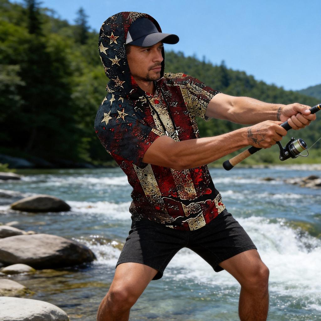 Men's Raglan Sleeve Casual Sport Hoodie Short Sleeve Lightweight Fishing Sun Protection Shirt with Hooded Design