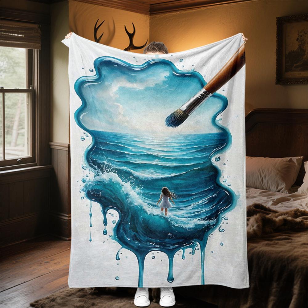 1pc paintbrush ocean Outdoor Flannel Blanket Soft Warm All-Season Throw for Sofa Bed Car Camping Office, Cozy Gift Idea1202S