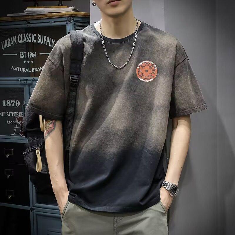 Vintage American Tie Dye Pullovers Summer Round Neck Men's Clothing Casual Short Sleeve Stylish Printed Young Style T-shirts New