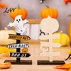 Halloween Atmosphere Props Wooden Sign Decoration, DIY Ghost Pumpkin Bat Tabletop Ornament with Indoor Festive Decor Spooky Slogans, Rustic