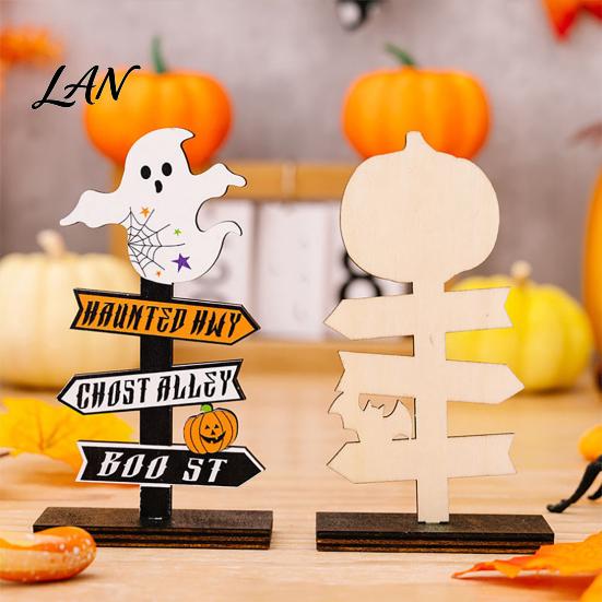 Halloween Atmosphere Props Wooden Sign Decoration, DIY Ghost Pumpkin Bat Tabletop Ornament with Indoor Festive Decor Spooky Slogans, Rustic