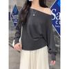 Kumikumi Gentle Temperament Sloping Shoulder Long Sleeve Knit Women Clothes Autumn Slimming All-Match Solid off-Shoulder Top