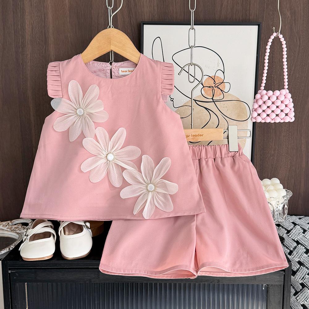 Girls Summer Tweed Outfit 3D Flower Flutter Sleeve Top And Shorts Set Chic Two Piece Clothing For Kids