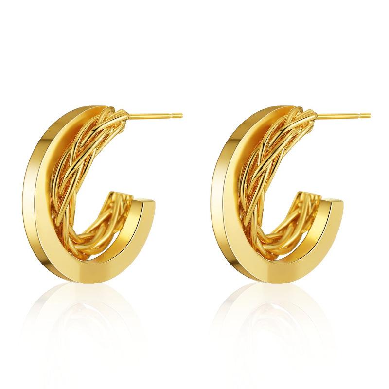 Vintage French Twisted 18k Gold Plated Brass Stud Earrings Fashion Jewelry For Women