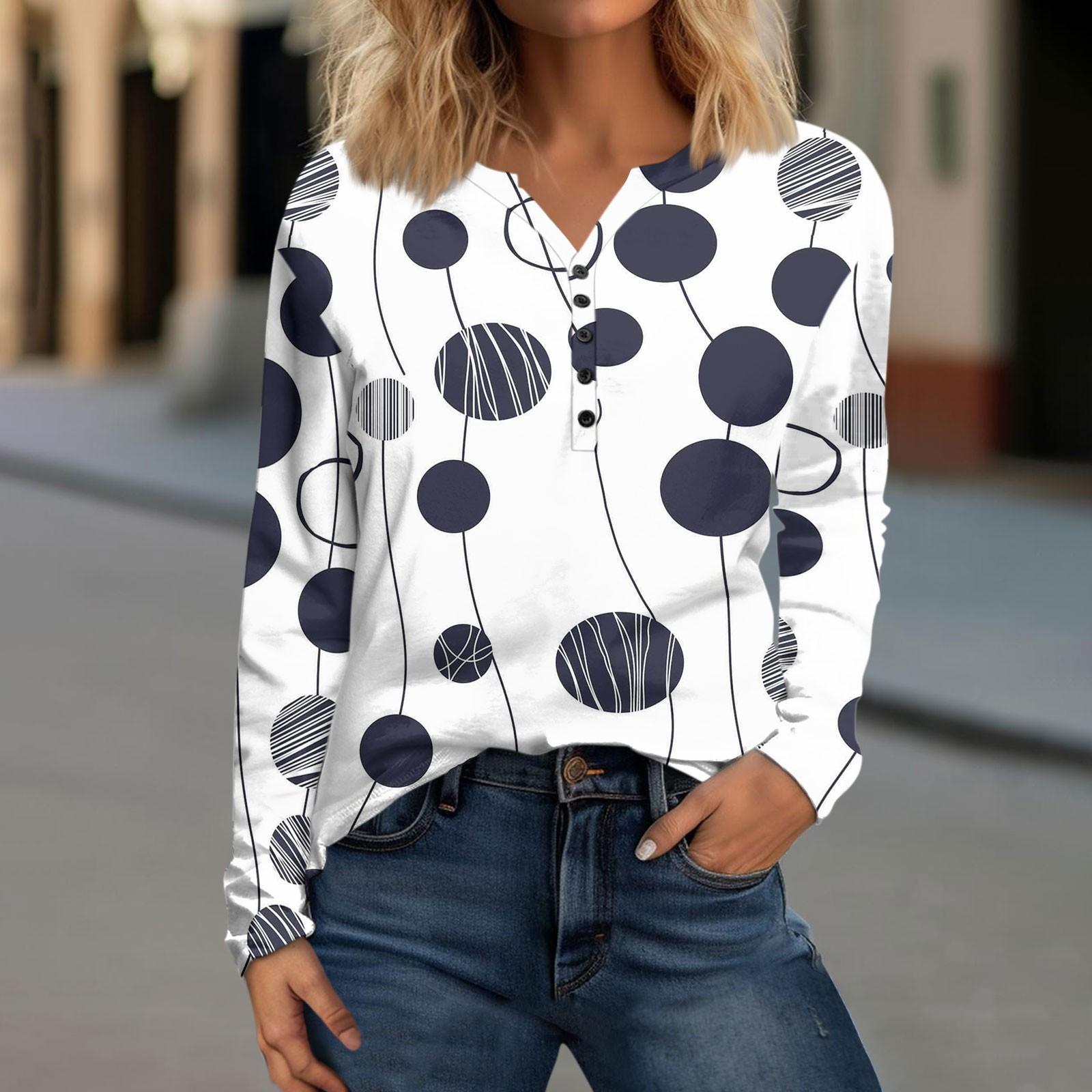 

Женская мода с V-образным вырезом и пуговицами, винтажная футболка с длинным рукавом и принтом, топ M тёмно-синий