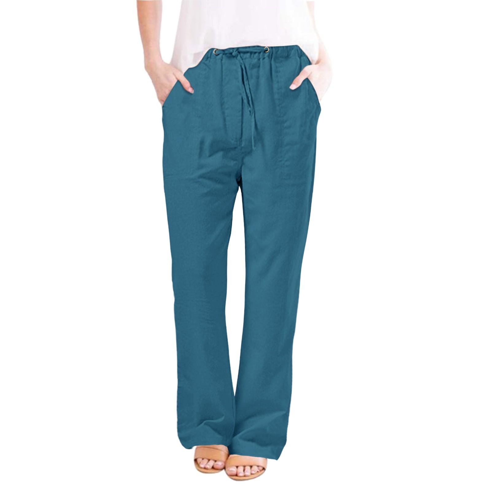 

Fashion Color Cotton Linen Fashion Loose High Waist Casual Pants For Women L синий