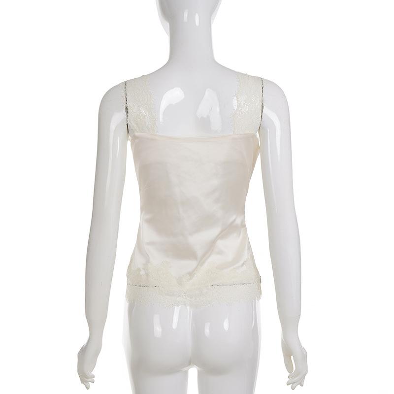 Y2K Retro Back Satin Wide Shoulder Strap V-neck Base Lace Patchwork Sleeveless Camisole Vest