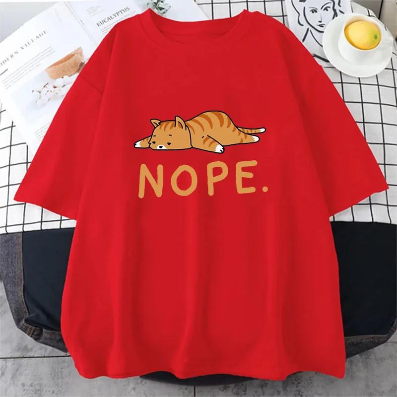 Sleeping Cat Nope Cartoons Print Male Short Sleeve Harajuku Street T-Shirts Summer Loose T Shirts Harajuku Cotton T Shirt Men