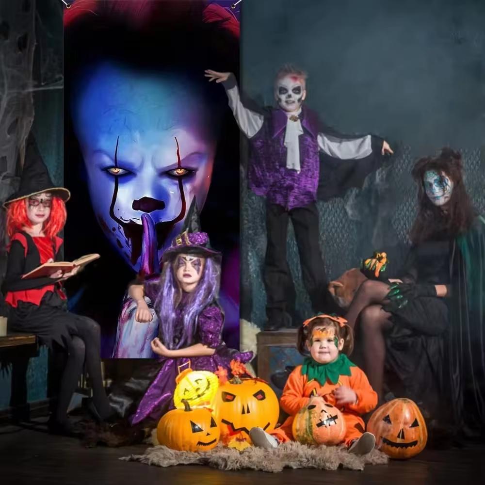 Halloween Banner Decorations Trick or Treat Scary Clown Door Frames Door Covers Background Scary Atmosphere Hanging Cloth