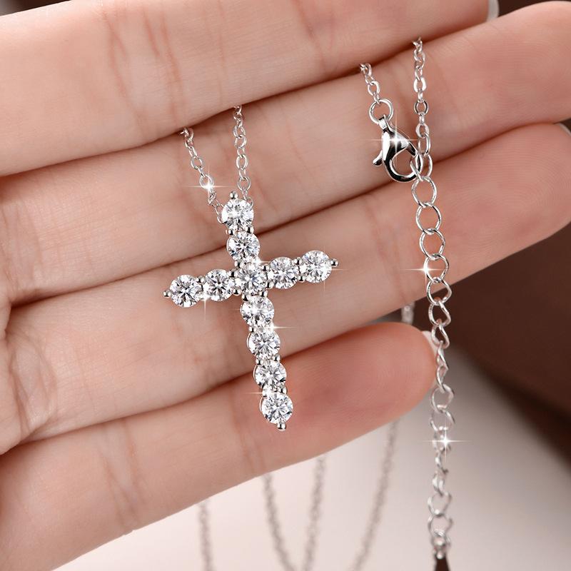 Shiny Cubic Zirconia Cross Pendant Necklace Silver Plated Christian Religiou JewelryDainty SparklyChai Necklace Gift for Women Girls Faith Accessory