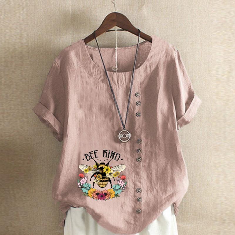 Women's Fashion Bee Flowers Prined Short Sleeve T-shirt Loose Cotton Shirt Casual Loose Summer Blouse Tops Plus Size