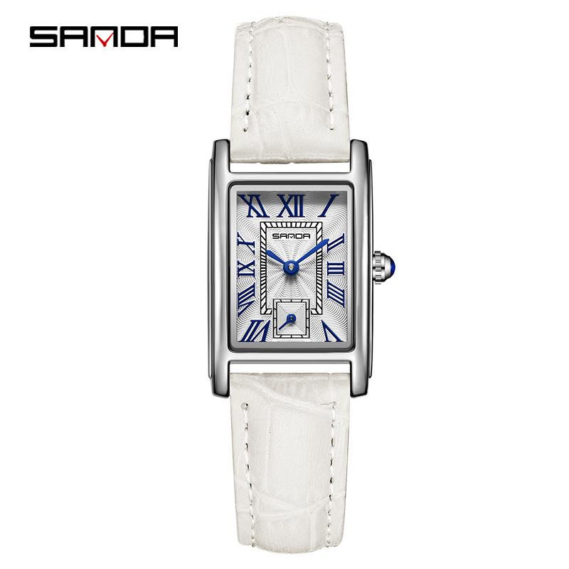 Stylish Sanda Square Steel & Leather Quartz Watch with Roman Numerals, Waterproof Design for Women