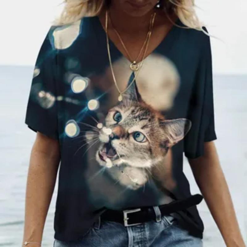 Cat Pattern Summer Loose Women's T-Shirts Casual Comfortable Loose V-Neck Short-Sleeve T-Shirt