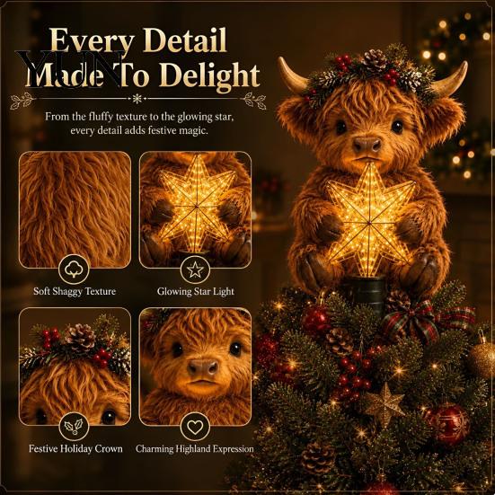 Handgefertigter Stil Baumakzente Hochlandkuh Leuchtender Stern Topper, Beleuchtete Weihnachtsdekoration mit Charmantem Geschenk für Warmes LED, Batteriebetrieben