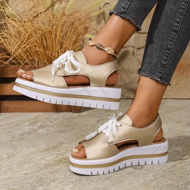 Fashion Thick Bottom Size36-43 Casual Sandals Women Summer Shoes Open Toe Lace-up Beach Wedges Middle Heel Sandales Sandalias Mujer